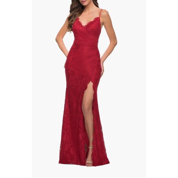 LA FEMME Lace Long Dress Scallop Detail Skirt Slit Red 2 - Picture 2 of 3